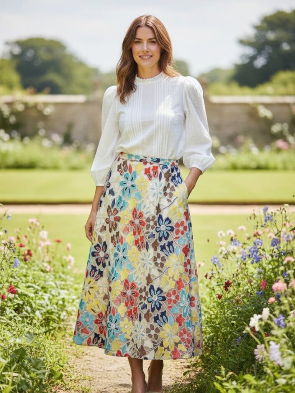 Anthropologie Eva Franco Meghan Embroidered Floral Midi Skirt, Size 12